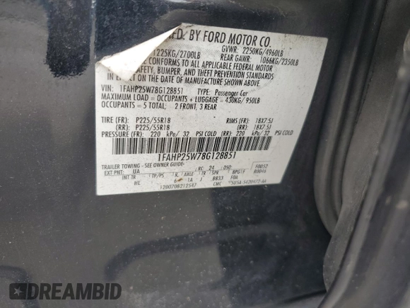 2008 Ford Taurus Limited with VIN 1FAHP25W78G128851, listed as a Copart auction lot 61254015 with 216,335 mi miles and Salvage title. Bid and sale history available at DreamBid. Image 12.