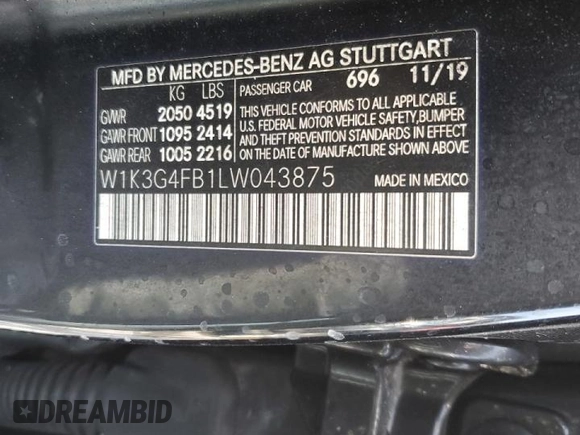 2020 Mercedes-Benz A 220 with VIN W1K3G4FB1LW043875, listed as a Copart auction lot 46136345 with Not Provided miles and Non Repairable. Bid and sale history available at DreamBid. Image 12.