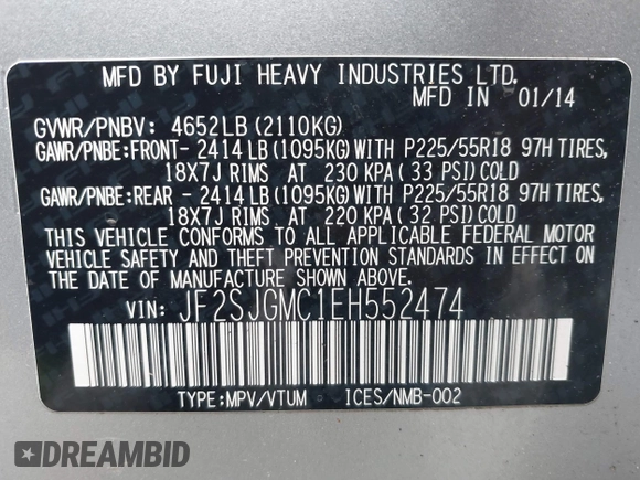 2014 Subaru Forester XT Touring with VIN JF2SJGMC1EH552474, listed as a IAAI auction lot 42461663 with 121,482 mi miles and . Bid and sale history available at DreamBid. Image 9.