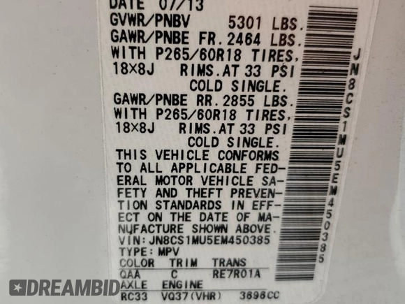 2014 Infiniti QX70 with VIN JN8CS1MU5EM450385, listed as a Copart auction lot 60201735 with 196,097 mi miles and Salvage title. Bid and sale history available at DreamBid. Image 13.