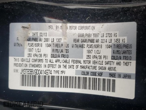 2013 Mazda CX-9 Sport with VIN JM3TB3BV9D0414978, listed as a Copart auction lot 85216234 with 113,643 mi miles and Non Repairable. Bid and sale history available at carsss.com. Image 13.