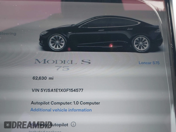 2016 Tesla Model S 70 with VIN 5YJSA1E1XGF154577, listed as a IAAI auction lot 41778697 with 62,630 mi miles and . Bid and sale history available at DreamBid. Image 7.