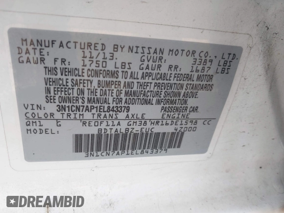 2014 Nissan Versa S Plus with VIN 3N1CN7AP1EL843379, listed as a IAAI auction lot 41905567 with 125,293 mi miles. Bid and sale history available at carsss.com. Image 9.