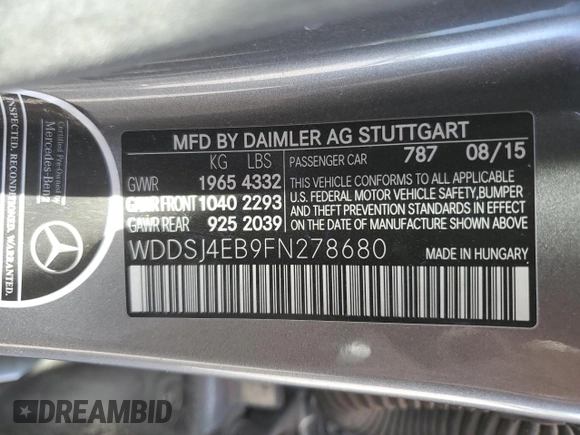 2015 Mercedes-Benz CLA 250 with VIN WDDSJ4EB9FN278680, listed as a Copart auction lot 53760385 with 89,663 mi miles and Salvage Title. Bid and sale history available at DreamBid. Image 12.