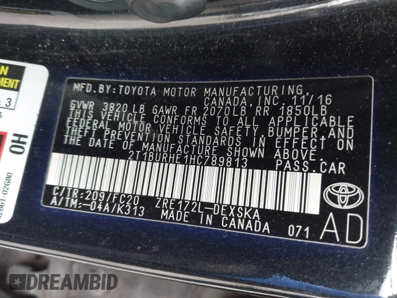 2017 Toyota Corolla L with VIN 2T1BURHE1HC789813, listed as a IAAI auction lot 42369061 with 84,666 mi miles and . Bid and sale history available at DreamBid. Image 9.