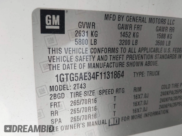 2015 GMC Canyon 2WD with VIN 1GTG5AE34F1131864, listed as a IAAI auction lot 41760611 with 169,187 mi miles and . Bid and sale history available at DreamBid. Image 9.