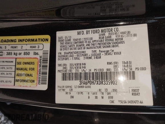 2013 Ford Fusion SE с VIN 3FA6P0H7XDR335902, выставлен на аукционе IAAI как лот 42561492 с пробегом Не указан миль и . История ставок и продаж доступна на DreamBid. Изображение 9.