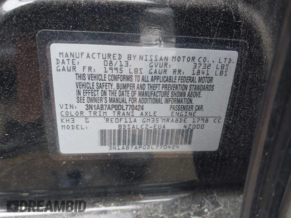 2013 Nissan Sentra S with VIN 3N1AB7AP0DL770424, listed as a IAAI auction lot 41951191 with 129,348 mi miles and . Bid and sale history available at DreamBid. Image 9.