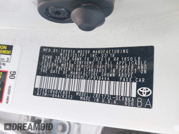 2018 Toyota Corolla L with VIN 5YFBURHE7JP810444, listed as a IAAI auction lot 42558647 with 74,794 mi miles and . Bid and sale history available at DreamBid. Image 9.