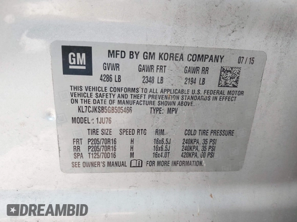 2016 Chevrolet Trax LS with VIN KL7CJKSB5GB505466, listed as a IAAI auction lot 41731831 with 161,660 mi miles. Bid and sale history available at carsss.com. Image 9.