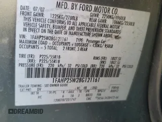2008 Ford Taurus Limited with VIN 1FAHP25W28G121161, listed as a Copart auction lot 55628535 with 97,827 mi miles and Salvage title. Bid and sale history available at DreamBid. Image 12.