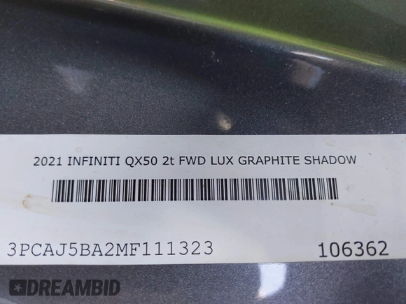 2021 Infiniti QX50 Luxe z VIN 3PCAJ5BA2MF111323, wystawiony jako IAAI lot #42218711 z przebiegiem 27 864 mil mil oraz . Historia ofert i sprzedaży dostępna na DreamBid. Obrazek 9.