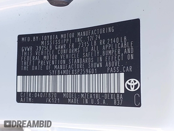 2025 Toyota Corolla LE z VIN 5YFB4MDEXSP259601, wystawiony jako IAAI lot #42313569 z przebiegiem 9255 mil mil oraz . Historia ofert i sprzedaży dostępna na DreamBid. Obrazek 9.