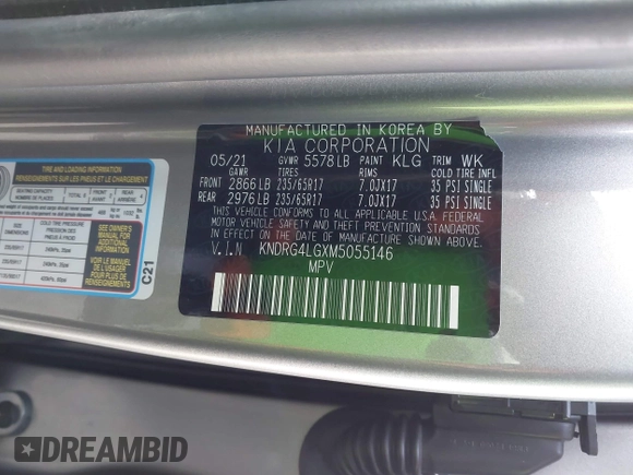 2021 Kia Sorento S with VIN KNDRG4LGXM5055146, listed as a IAAI auction lot 42009580 with 46,066 mi miles and . Bid and sale history available at DreamBid. Image 9.