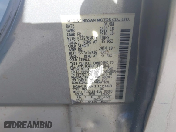 2008 Nissan Quest S z VIN 5N1BV28U08N119948, wystawiony jako IAAI lot #41738626 z przebiegiem 245 623 mil mil oraz . Historia ofert i sprzedaży dostępna na DreamBid. Obrazek 9.