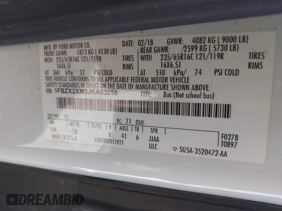 2018 Ford Transit Passenger XL with VIN 1FBZX2XM3JKA53258, listed as a IAAI auction lot 41764456 with 89,022 mi miles and . Bid and sale history available at DreamBid. Image 9.