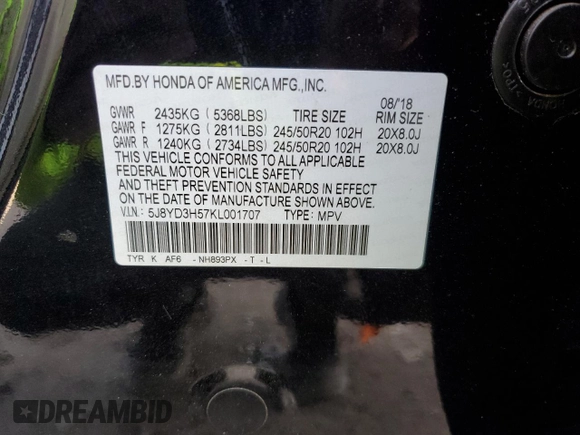 2019 Acura MDX Technology with VIN 5J8YD3H57KL001707, listed as a Copart auction lot 52175315 with 133,483 mi miles and Salvage title. Bid and sale history available at DreamBid. Image 13.