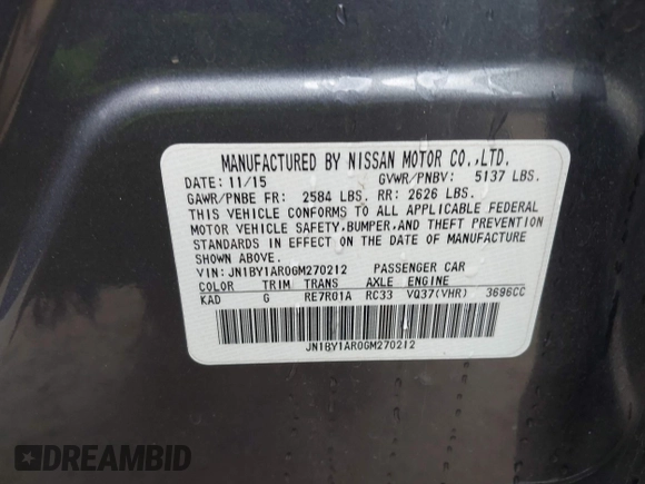 2016 Infiniti Q70 with VIN JN1BY1AR0GM270212, listed as a IAAI auction lot 41889159 with 108,760 mi miles. Bid and sale history available at carsss.com. Image 9.