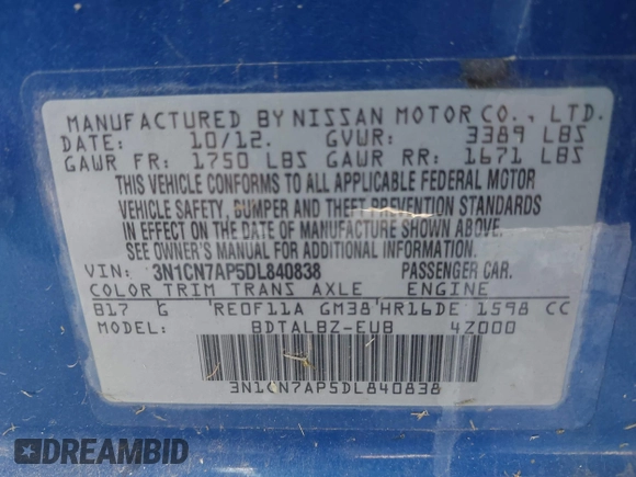 2013 Nissan Versa S Plus with VIN 3N1CN7AP5DL840838, listed as a IAAI auction lot 42343957 with 91,669 mi miles and . Bid and sale history available at DreamBid. Image 9.