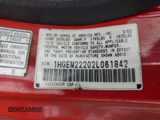 2002 Honda Civic DX with VIN 1HGEM22202L061842, listed as a Copart auction lot 43760875 with 154,751 mi miles and Salvage Title. Bid and sale history available at DreamBid. Image 12.