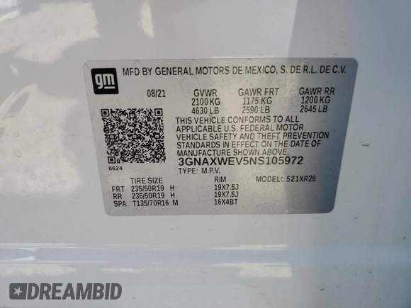 2022 Chevrolet Equinox RS with VIN 3GNAXWEV5NS105972, listed as a Copart auction lot 56632505 with 32,649 mi miles and Salvage title. Bid and sale history available at DreamBid. Image 14.