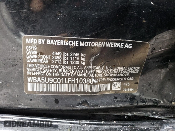 2020 BMW 3 Series M340i xDrive with VIN WBA5U9C01LFH10388, listed as a Copart auction lot 43250155 with Not Provided miles and Salvage Title. Bid and sale history available at DreamBid. Image 12.