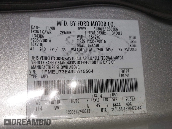 2009 Ford Explorer XLT z VIN 1FMEU73E49UA15564, wystawiony jako IAAI lot #41299587 z przebiegiem 192 956 mil mil oraz . Historia ofert i sprzedaży dostępna na DreamBid. Obrazek 9.