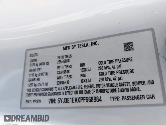 2023 Tesla Model 3 с VIN 5YJ3E1EAXPF568984, выставлен на аукционе IAAI как лот 42346535 с пробегом 32 242 миль миль и . История ставок и продаж доступна на DreamBid. Изображение 9.