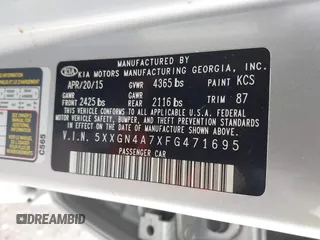 2015 Kia Optima EX with VIN 5XXGN4A7XFG471695, listed as a IAAI auction lot 41565164 with 79,625 mi miles. Bid and sale history available at carsss.com. Image 9.