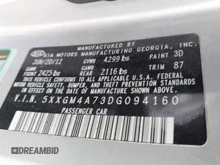 2013 Kia Optima LX z VIN 5XXGM4A73DG094160, wystawiony jako IAAI lot #41523337 z przebiegiem Nie podano mil oraz . Historia ofert i sprzedaży dostępna na DreamBid. Obrazek 9.