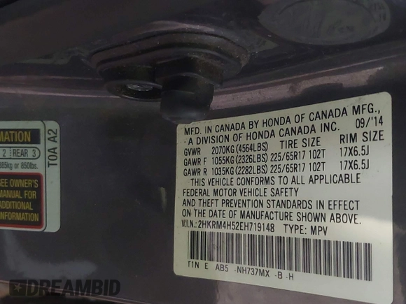 2014 Honda CR-V EX with VIN 2HKRM4H52EH719148, listed as a IAAI auction lot 40448916 with 145,765 mi miles and . Bid and sale history available at DreamBid. Image 9.