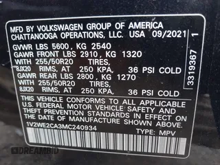 2021 Volkswagen Atlas SE with VIN 1V2WE2CA3MC240934, listed as a IAAI auction lot 41739347 with 44,485 mi miles and . Bid and sale history available at DreamBid. Image 9.