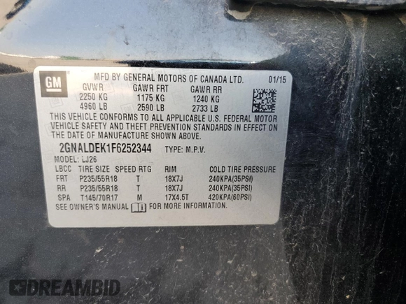 2015 Chevrolet Equinox LTZ with VIN 2GNALDEK1F6252344, listed as a Copart auction lot 51956605 with 240,803 mi miles and Salvage Title. Bid and sale history available at carsss.com. Image 13.