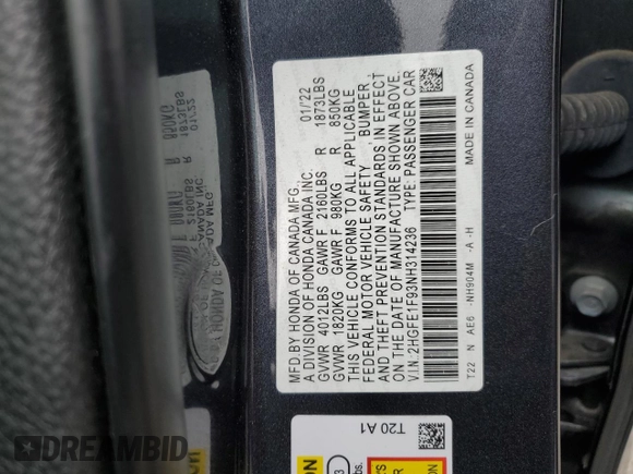 2022 Honda Civic Touring z VIN 2HGFE1F93NH314236, wystawiony jako Copart lot #53380915 z przebiegiem 25 302 mil mil oraz Szkoda całkowita • Salvage title. Historia ofert i sprzedaży dostępna na DreamBid. Obrazek 12.