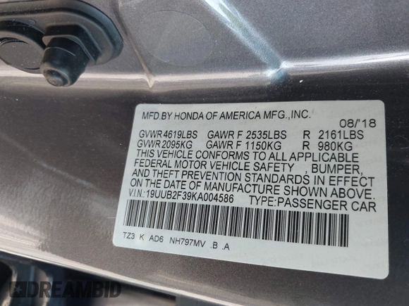 2019 Acura TLX with VIN 19UUB2F39KA004586, listed as a IAAI auction lot 41971144 with 61,081 mi miles and . Bid and sale history available at DreamBid. Image 9.