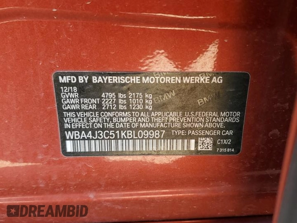 2019 BMW 4 Series 430i xDrive with VIN WBA4J3C51KBL09987, listed as a Copart auction lot 50641495 with 91,871 mi miles and Salvage Title. Bid and sale history available at carsss.com. Image 13.