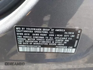 2016 Volkswagen Passat SE with VIN 1VWBS7A34GC049728, listed as a IAAI auction lot 42248027 with 83,215 mi miles and . Bid and sale history available at DreamBid. Image 9.
