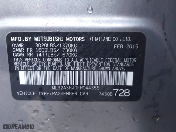 2015 Mitsubishi Mirage DE with VIN ML32A3HJ0FH044355, listed as a IAAI auction lot 41410003 with 74,800 mi miles. Bid and sale history available at carsss.com. Image 9.