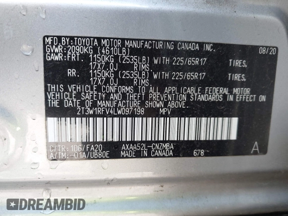 2020 Toyota RAV4 XLE with VIN 2T3W1RFV4LW097198, listed as a IAAI auction lot 42771030 with 33,354 mi miles and . Bid and sale history available at DreamBid. Image 9.