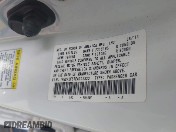 2014 Honda Accord Sport with VIN 1HGCR2F57EA002333, listed as a IAAI auction lot 42184697 with 168,704 mi miles and . Bid and sale history available at DreamBid. Image 9.
