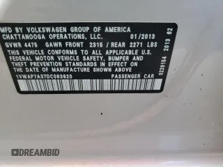 2013 Volkswagen Passat Wolfsburg Edition with VIN 1VWAP7A37DC083820, listed as a Copart auction lot 61404064 with 100,754 mi miles and Salvage title. Bid and sale history available at DreamBid. Image 12.