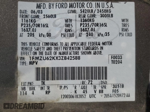 2003 Ford Explorer XLS z VIN 1FMZU62KX3ZB42588, wystawiony jako Copart lot #47582575 z przebiegiem 246 841 mil mil oraz Szkoda całkowita • Salvage title. Historia ofert i sprzedaży dostępna na DreamBid. Obrazek 13.