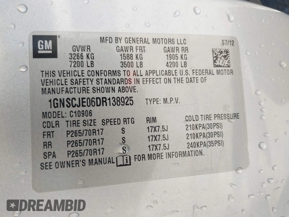 2013 Chevrolet Suburban LT with VIN 1GNSCJE06DR138925, listed as a IAAI auction lot 42008011 with 236,244 mi miles. Bid and sale history available at carsss.com. Image 9.