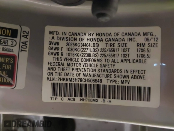 2012 Honda CR-V EX-L with VIN 2HKRM3H78CH506648, listed as a IAAI auction lot 41113961 with 154,502 mi miles. Bid and sale history available at carsss.com. Image 9.