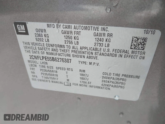 2011 Chevrolet Equinox LT with VIN 2CNFLPE55B6276307, listed as a IAAI auction lot 41952916 with 173,718 mi miles. Bid and sale history available at carsss.com. Image 9.
