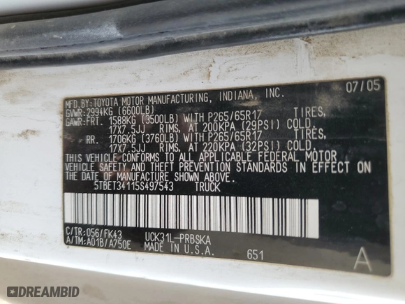 2005 Toyota Tundra SR5 with VIN 5TBET34115S497543, listed as a Copart auction lot 85923914 with 329,003 mi miles and Salvage Title. Bid and sale history available at carsss.com. Image 12.