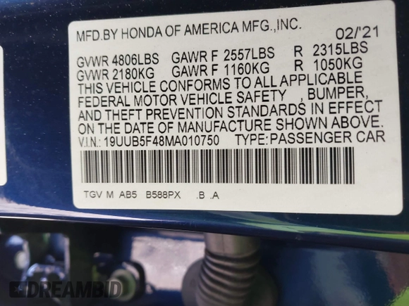 2021 Acura TLX Technology with VIN 19UUB5F48MA010750, listed as a IAAI auction lot 41779356 with 40,669 mi miles and . Bid and sale history available at DreamBid. Image 9.