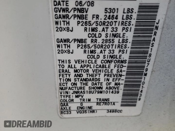 2009 Infiniti FX with VIN JNRAS18U79M101439, listed as a Copart auction lot 57580955 with Not provided miles and Salvage title. Bid and sale history available at DreamBid. Image 12.