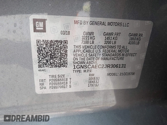2018 Chevrolet Tahoe LS with VIN 1GNSCAEC2JR306131, listed as a IAAI auction lot 42338873 with 107,652 mi miles and . Bid and sale history available at DreamBid. Image 9.