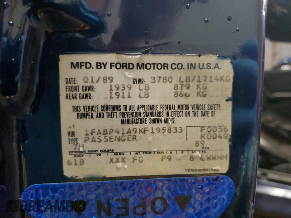 1989 Ford Mustang z VIN 1FABP41A9KF195833, wystawiony jako Copart lot #51102975 z przebiegiem 39 598 mil mil oraz Szkoda całkowita • Salvage title. Historia ofert i sprzedaży dostępna na DreamBid. Obrazek 12.